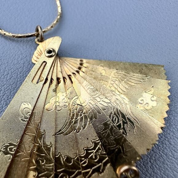 Vintage Phoenix Fan Pendant Necklace Articulated Gold Tone Faux Pearl Fenghuang - Picture 4 of 5